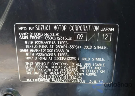 2013 Suzuki Grand Vitara Limited from USA, damaged, VIN JS3TD0D73D4100425